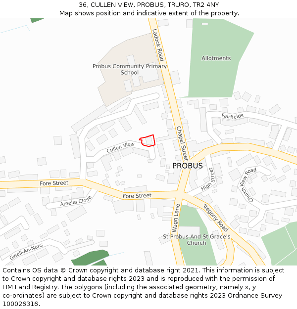 36, CULLEN VIEW, PROBUS, TRURO, TR2 4NY: Location map and indicative extent of plot