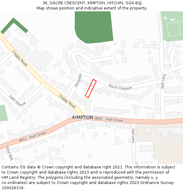 36, DACRE CRESCENT, KIMPTON, HITCHIN, SG4 8QJ: Location map and indicative extent of plot