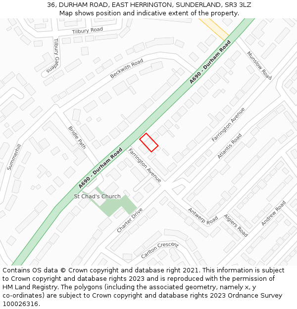 36, DURHAM ROAD, EAST HERRINGTON, SUNDERLAND, SR3 3LZ: Location map and indicative extent of plot