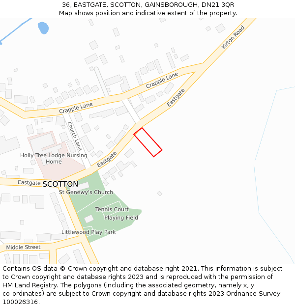 36, EASTGATE, SCOTTON, GAINSBOROUGH, DN21 3QR: Location map and indicative extent of plot