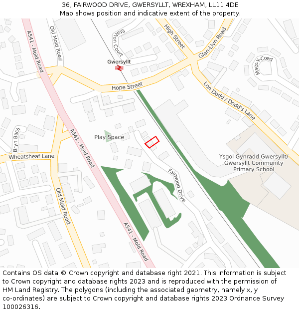 36, FAIRWOOD DRIVE, GWERSYLLT, WREXHAM, LL11 4DE: Location map and indicative extent of plot