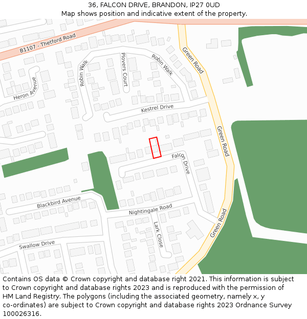 36, FALCON DRIVE, BRANDON, IP27 0UD: Location map and indicative extent of plot