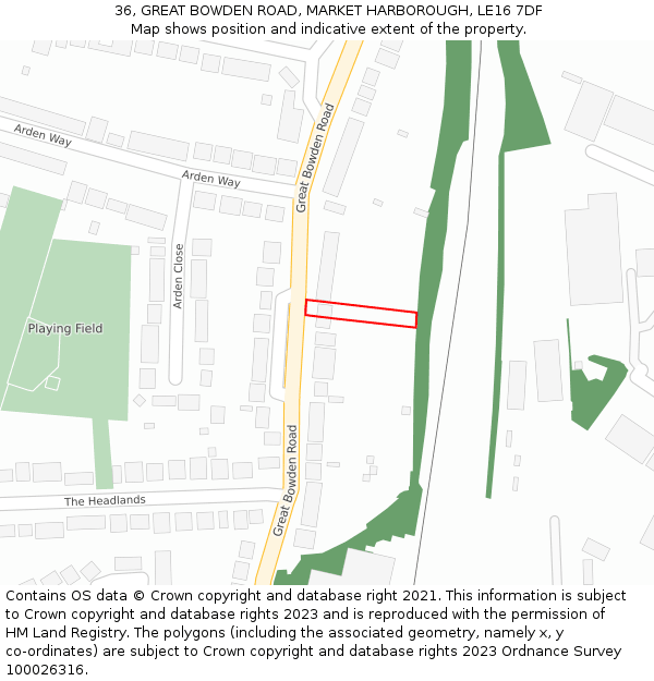 36, GREAT BOWDEN ROAD, MARKET HARBOROUGH, LE16 7DF: Location map and indicative extent of plot