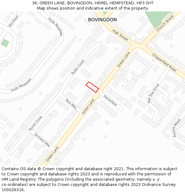 36, GREEN LANE, BOVINGDON, HEMEL HEMPSTEAD, HP3 0HT: Location map and indicative extent of plot