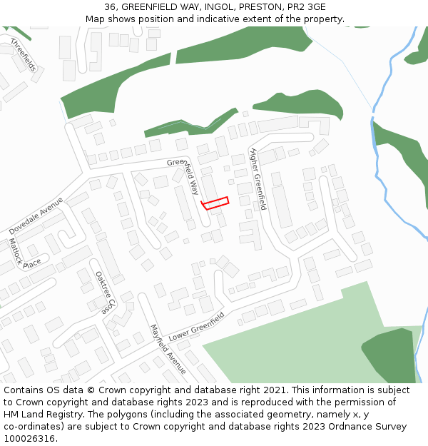 36, GREENFIELD WAY, INGOL, PRESTON, PR2 3GE: Location map and indicative extent of plot