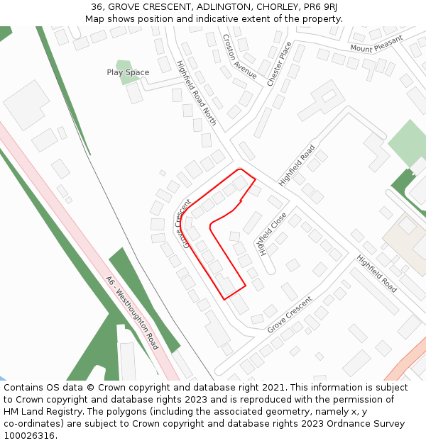 36, GROVE CRESCENT, ADLINGTON, CHORLEY, PR6 9RJ: Location map and indicative extent of plot