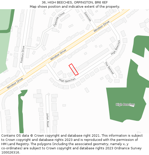 36, HIGH BEECHES, ORPINGTON, BR6 6EF: Location map and indicative extent of plot