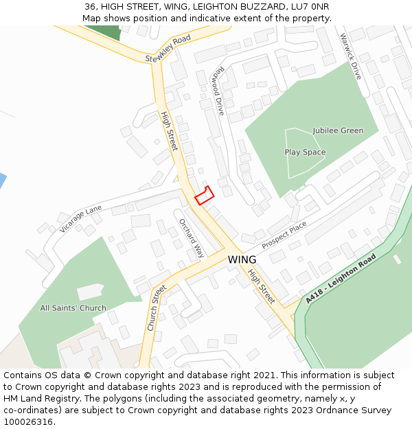 36, HIGH STREET, WING, LEIGHTON BUZZARD, LU7 0NR: Location map and indicative extent of plot