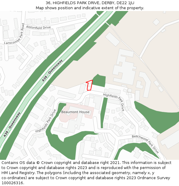 36, HIGHFIELDS PARK DRIVE, DERBY, DE22 1JU: Location map and indicative extent of plot