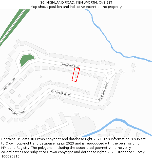 36, HIGHLAND ROAD, KENILWORTH, CV8 2ET: Location map and indicative extent of plot