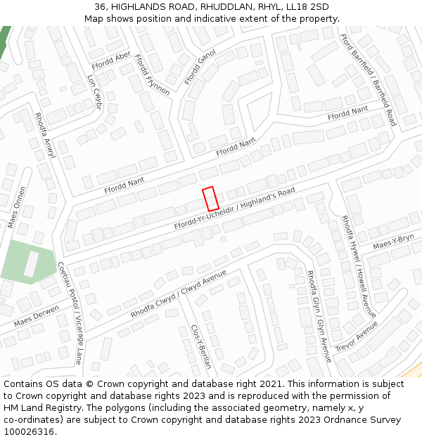 36, HIGHLANDS ROAD, RHUDDLAN, RHYL, LL18 2SD: Location map and indicative extent of plot