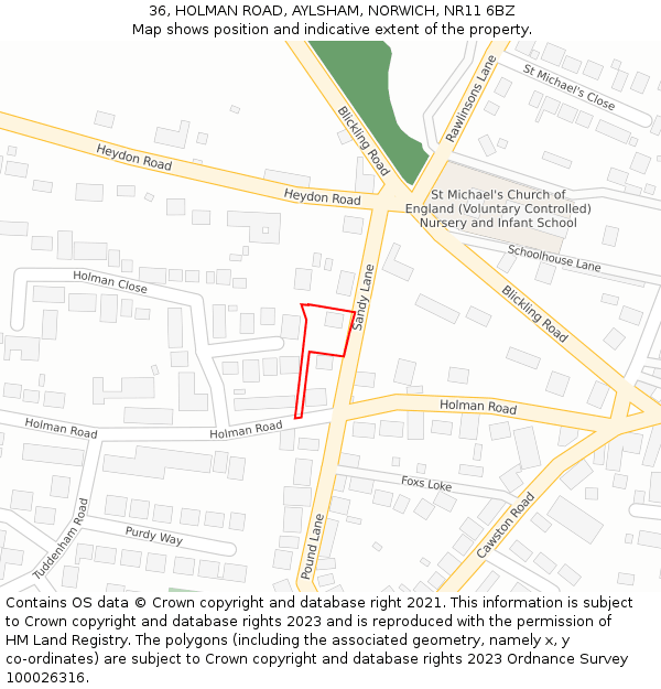 36, HOLMAN ROAD, AYLSHAM, NORWICH, NR11 6BZ: Location map and indicative extent of plot