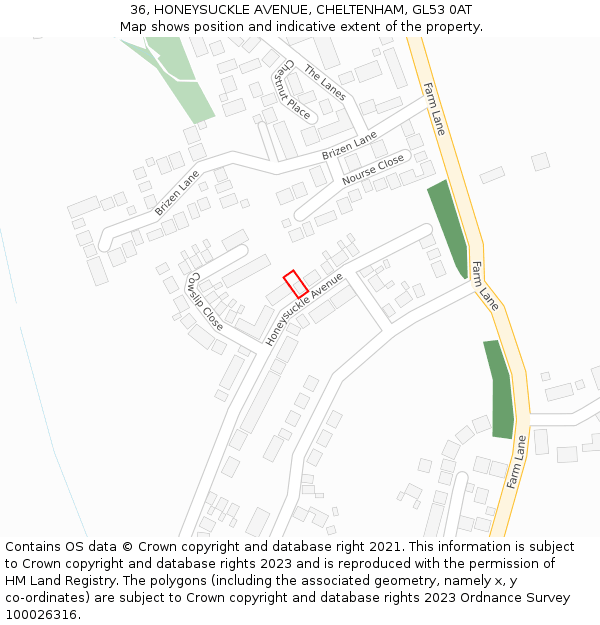 36, HONEYSUCKLE AVENUE, CHELTENHAM, GL53 0AT: Location map and indicative extent of plot