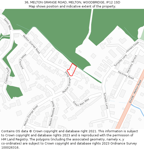 36, MELTON GRANGE ROAD, MELTON, WOODBRIDGE, IP12 1SD: Location map and indicative extent of plot