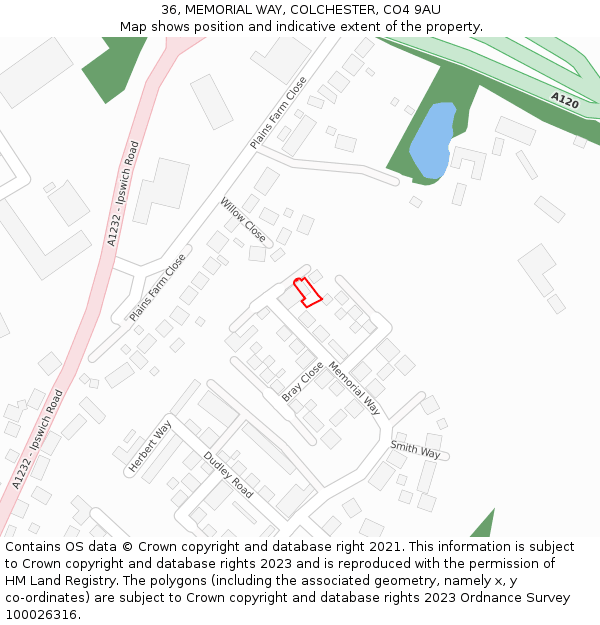 36, MEMORIAL WAY, COLCHESTER, CO4 9AU: Location map and indicative extent of plot