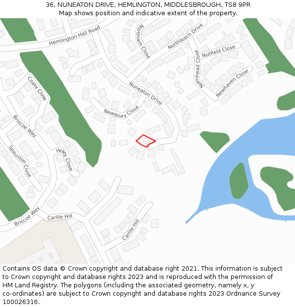 36, NUNEATON DRIVE, HEMLINGTON, MIDDLESBROUGH, TS8 9PR: Location map and indicative extent of plot