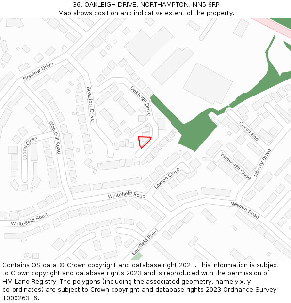 36, OAKLEIGH DRIVE, NORTHAMPTON, NN5 6RP: Location map and indicative extent of plot