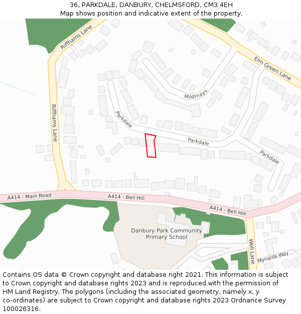 36, PARKDALE, DANBURY, CHELMSFORD, CM3 4EH: Location map and indicative extent of plot