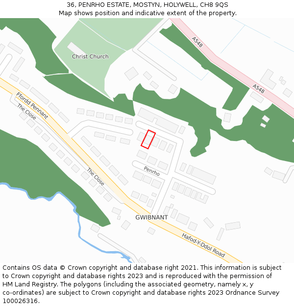 36, PENRHO ESTATE, MOSTYN, HOLYWELL, CH8 9QS: Location map and indicative extent of plot