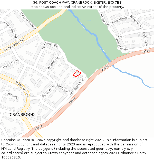 36, POST COACH WAY, CRANBROOK, EXETER, EX5 7BS: Location map and indicative extent of plot