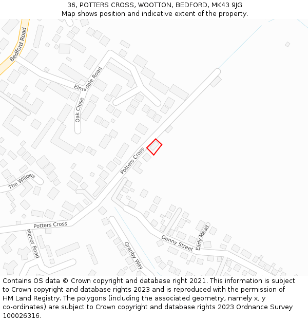 36, POTTERS CROSS, WOOTTON, BEDFORD, MK43 9JG: Location map and indicative extent of plot