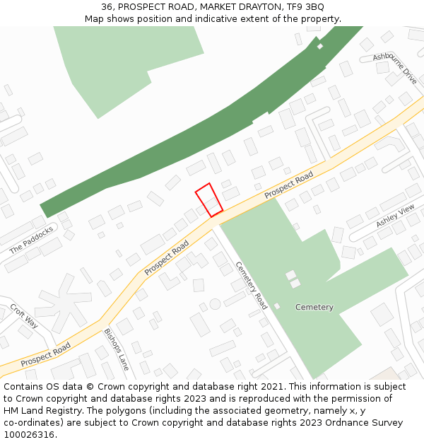 36, PROSPECT ROAD, MARKET DRAYTON, TF9 3BQ: Location map and indicative extent of plot