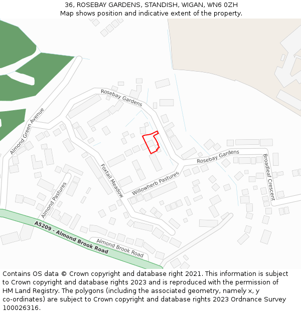 36, ROSEBAY GARDENS, STANDISH, WIGAN, WN6 0ZH: Location map and indicative extent of plot