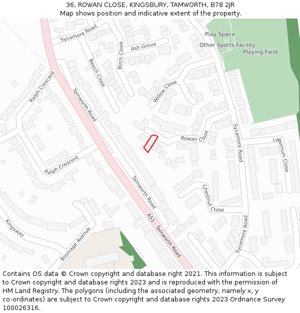 36, ROWAN CLOSE, KINGSBURY, TAMWORTH, B78 2JR: Location map and indicative extent of plot