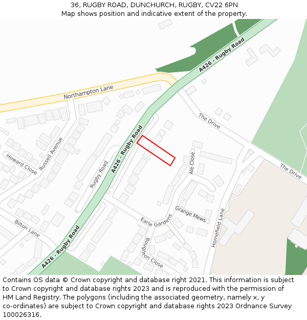 36, RUGBY ROAD, DUNCHURCH, RUGBY, CV22 6PN: Location map and indicative extent of plot