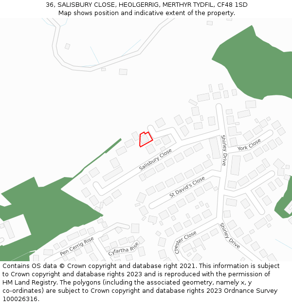 36, SALISBURY CLOSE, HEOLGERRIG, MERTHYR TYDFIL, CF48 1SD: Location map and indicative extent of plot