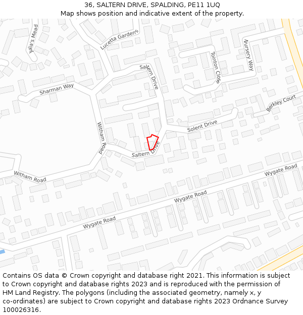 36, SALTERN DRIVE, SPALDING, PE11 1UQ: Location map and indicative extent of plot