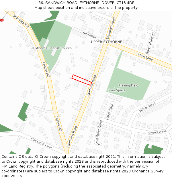 36, SANDWICH ROAD, EYTHORNE, DOVER, CT15 4DE: Location map and indicative extent of plot