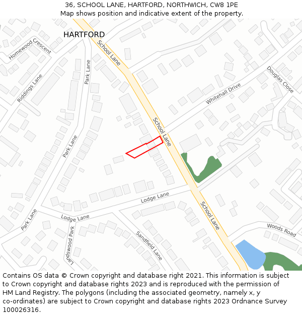 36, SCHOOL LANE, HARTFORD, NORTHWICH, CW8 1PE: Location map and indicative extent of plot