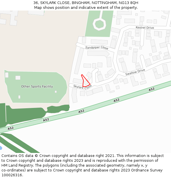 36, SKYLARK CLOSE, BINGHAM, NOTTINGHAM, NG13 8QH: Location map and indicative extent of plot