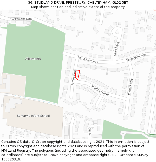 36, STUDLAND DRIVE, PRESTBURY, CHELTENHAM, GL52 5BT: Location map and indicative extent of plot