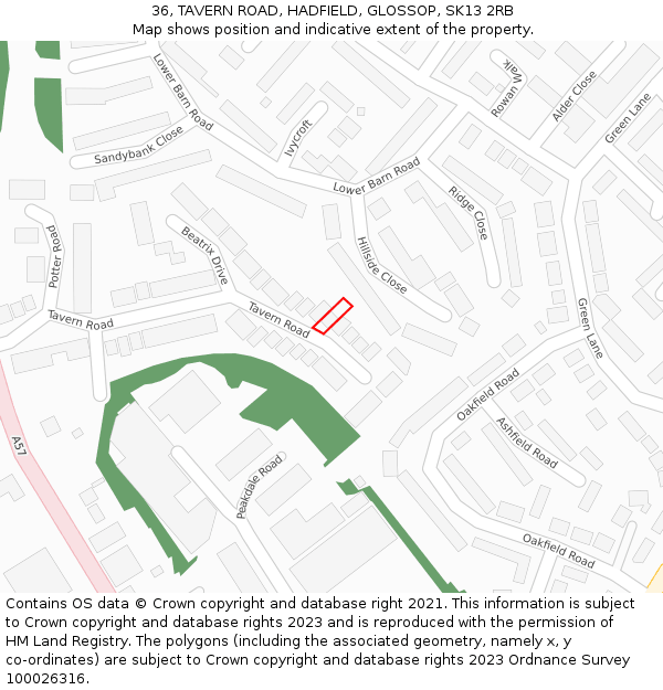 36, TAVERN ROAD, HADFIELD, GLOSSOP, SK13 2RB: Location map and indicative extent of plot