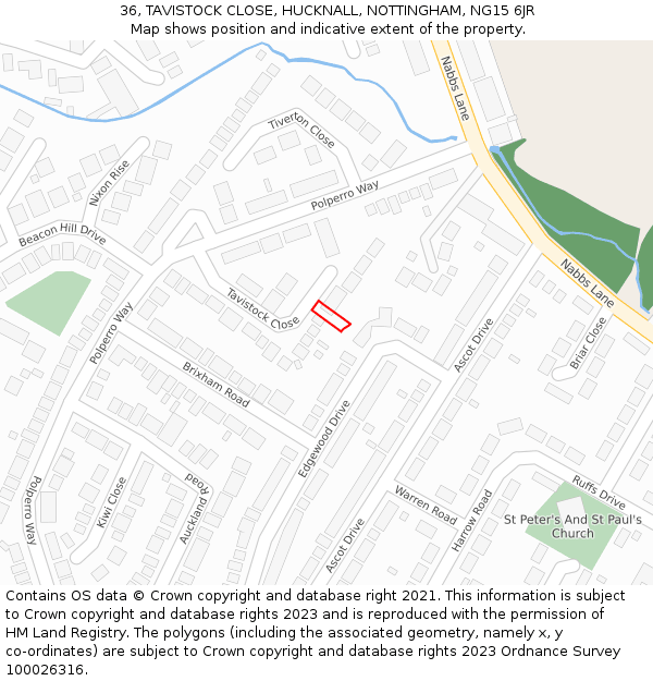 36, TAVISTOCK CLOSE, HUCKNALL, NOTTINGHAM, NG15 6JR: Location map and indicative extent of plot