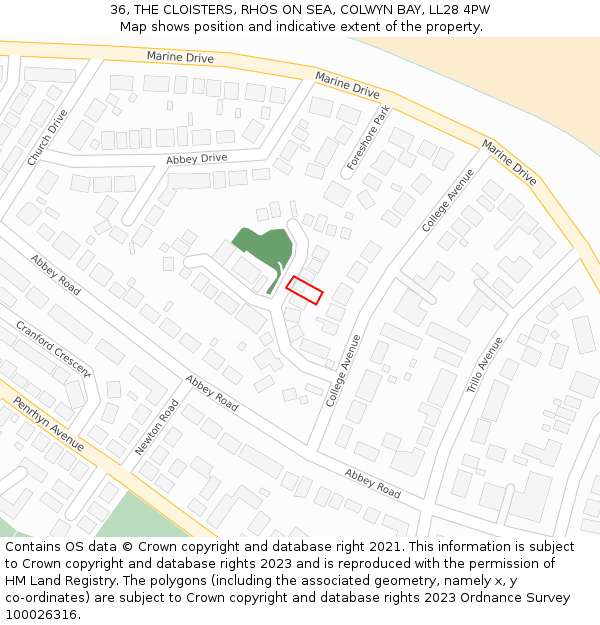 36, THE CLOISTERS, RHOS ON SEA, COLWYN BAY, LL28 4PW: Location map and indicative extent of plot