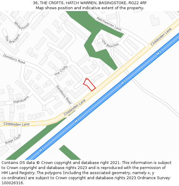 36, THE CROFTS, HATCH WARREN, BASINGSTOKE, RG22 4RF: Location map and indicative extent of plot