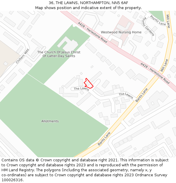 36, THE LAWNS, NORTHAMPTON, NN5 6AF: Location map and indicative extent of plot