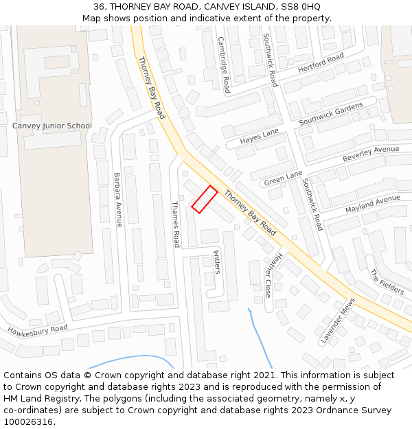 36, THORNEY BAY ROAD, CANVEY ISLAND, SS8 0HQ: Location map and indicative extent of plot