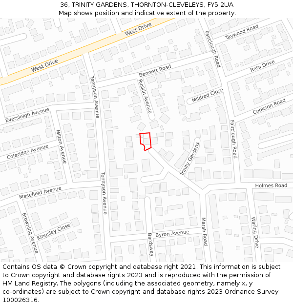 36, TRINITY GARDENS, THORNTON-CLEVELEYS, FY5 2UA: Location map and indicative extent of plot