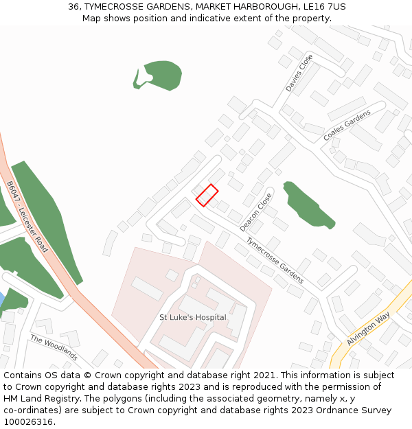 36, TYMECROSSE GARDENS, MARKET HARBOROUGH, LE16 7US: Location map and indicative extent of plot