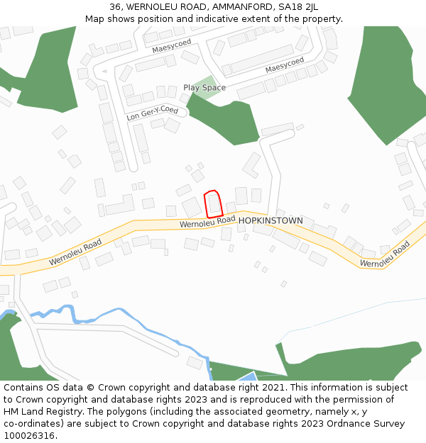 36, WERNOLEU ROAD, AMMANFORD, SA18 2JL: Location map and indicative extent of plot