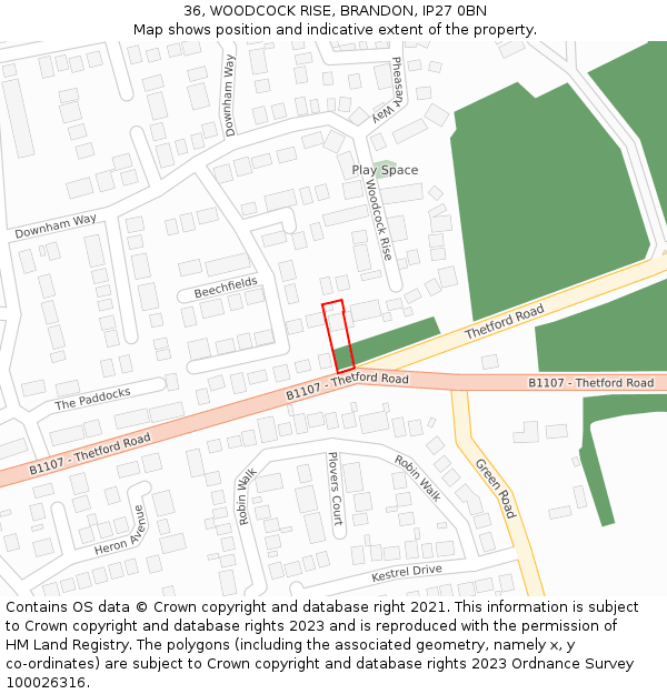 36, WOODCOCK RISE, BRANDON, IP27 0BN: Location map and indicative extent of plot