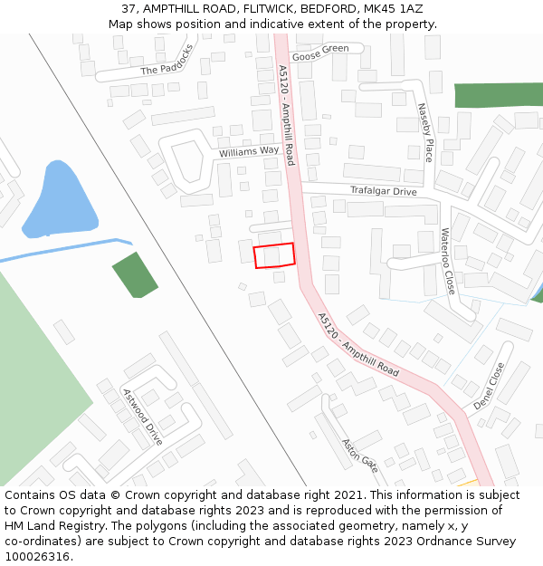 37, AMPTHILL ROAD, FLITWICK, BEDFORD, MK45 1AZ: Location map and indicative extent of plot