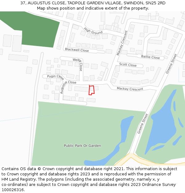 37, AUGUSTUS CLOSE, TADPOLE GARDEN VILLAGE, SWINDON, SN25 2RD: Location map and indicative extent of plot