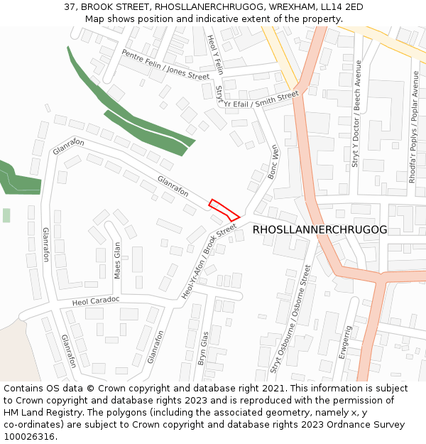 37, BROOK STREET, RHOSLLANERCHRUGOG, WREXHAM, LL14 2ED: Location map and indicative extent of plot