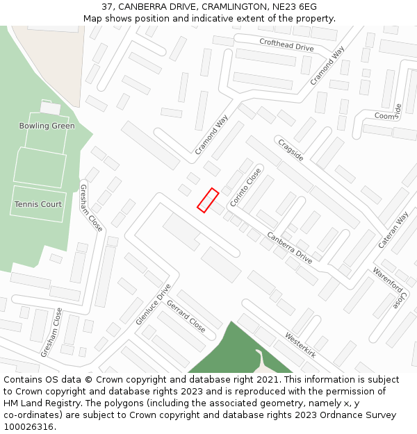 37, CANBERRA DRIVE, CRAMLINGTON, NE23 6EG: Location map and indicative extent of plot