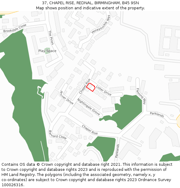 37, CHAPEL RISE, REDNAL, BIRMINGHAM, B45 9SN: Location map and indicative extent of plot